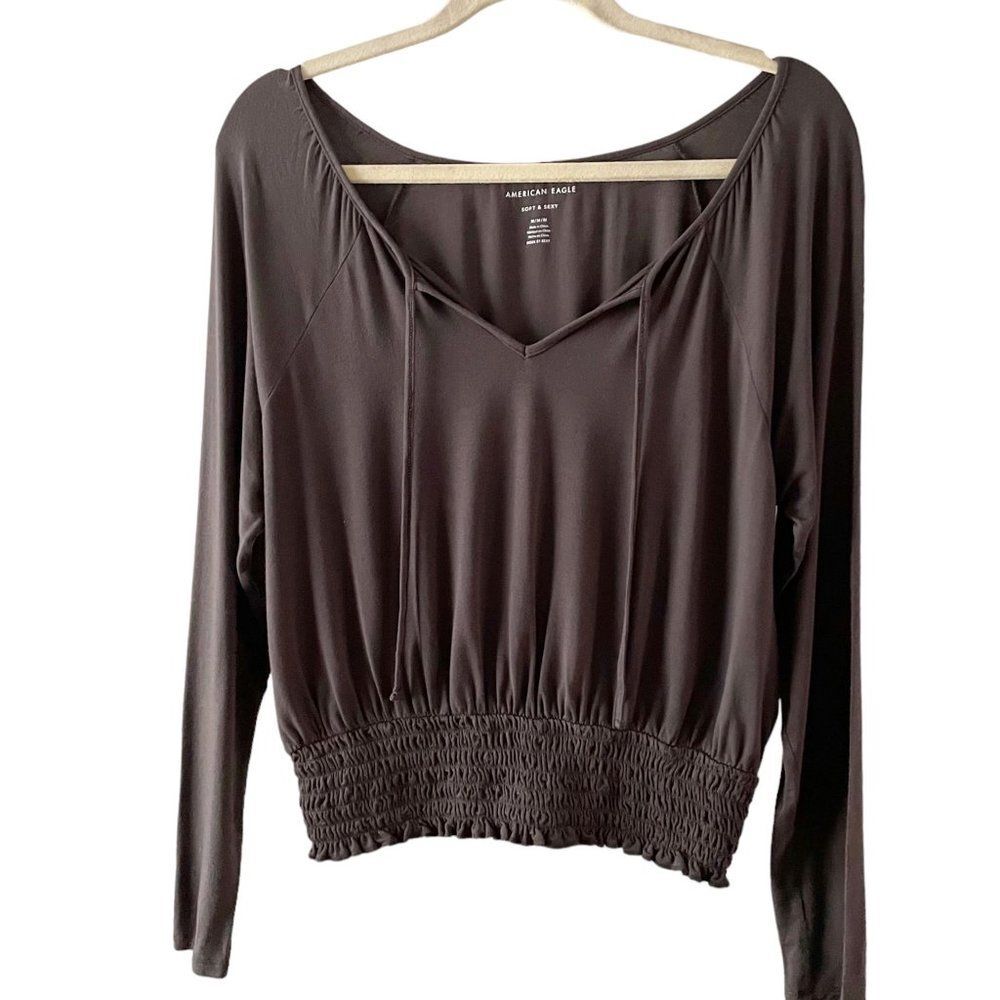 American Eagle Soft & Sexy Gray Charcoal Smocked Waist V Neck Long Sleeve Top M
